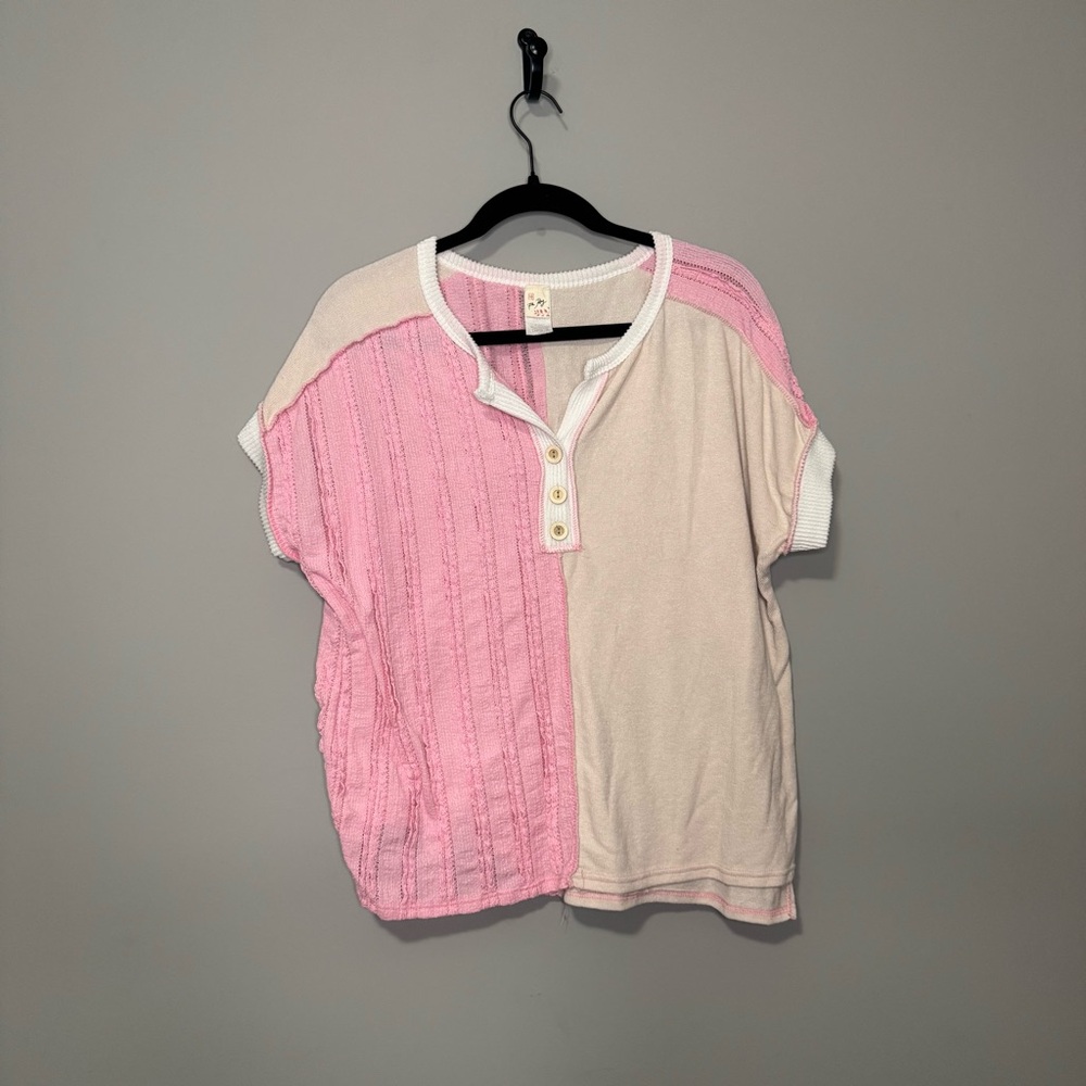 7th Ray Womens Pink Cream Colorblock Henley Knit Short Sleeve Large Mixed Fabric